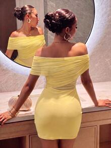 Slaydiva Women Pale Yellow Off Shoulder Ruched Mesh Mini Dress Cross Wrap Waist Cutout Bodycon Sexy Vacation Club Party Short Dress Cocktail Going Out - Light Yellow - View 4