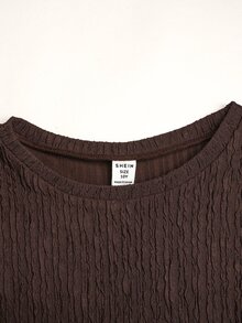 SHEIN 青少年女孩秋冬春季寬鬆休閒極簡舒適針織紋理圓領抽繩腰蕾絲拼接2合1長袖T恤與長褲兩件套，返校穿搭，日常穿著，棕色針織套裝 - 棕色 - 查看 8