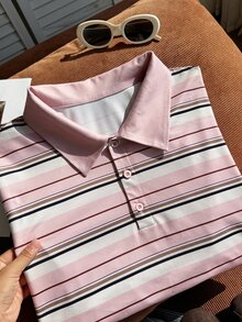 Comfortcana Plus Size Digital Print Striped Polo Collar Long Sleeve T-Shirt - Pink - View 6
