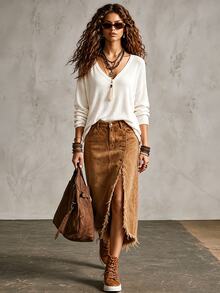 SHEIN Women's Autumn/Winter Loose Casual Knit V-Neck Elegant Pullover Sweater - Apricot - View 6