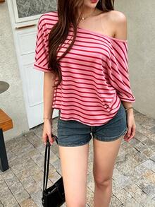 K-Vae Striped Print Asymmetrical Shoulder Batwing Sleeve Tee - Multicolor - View 5