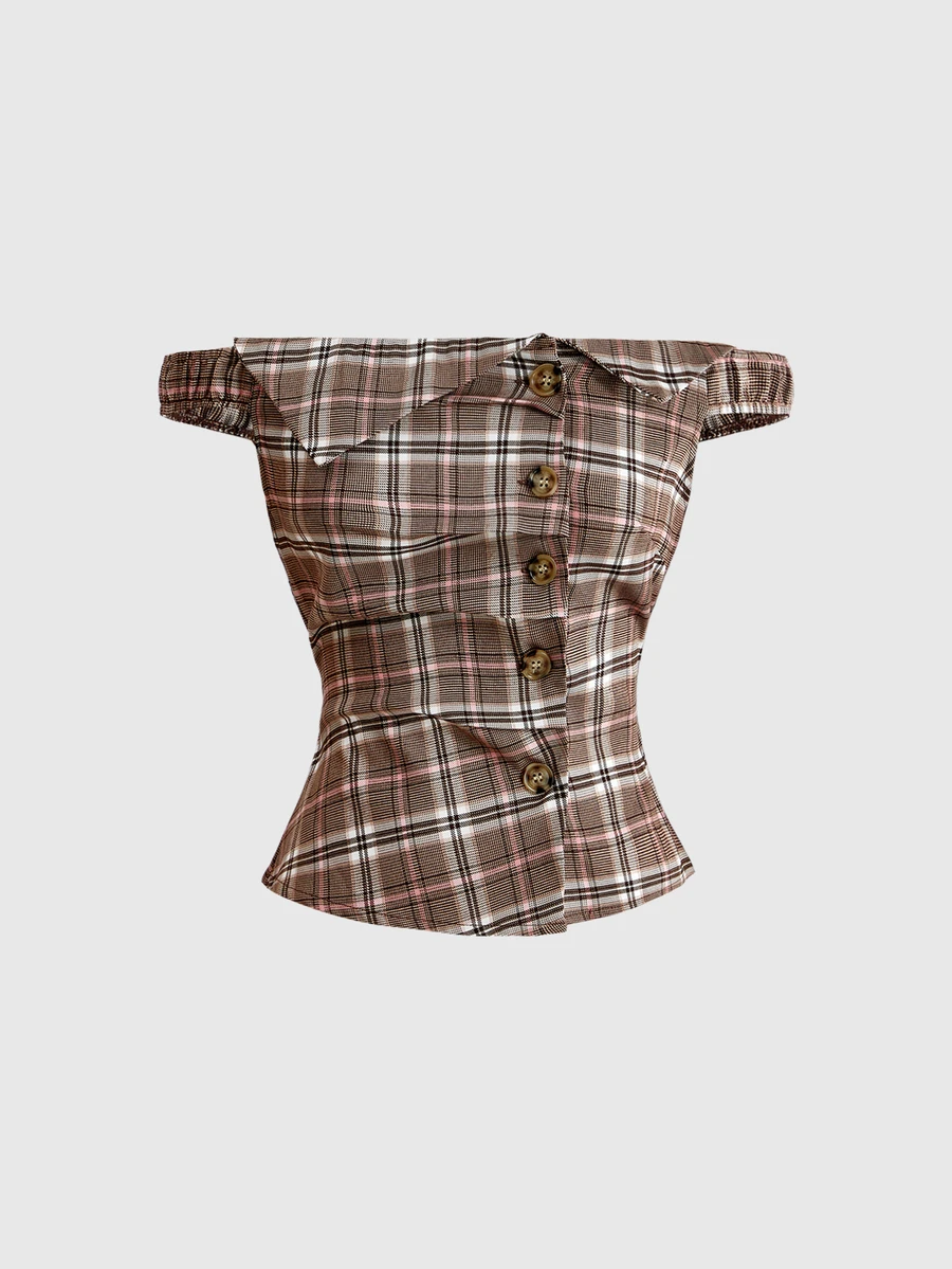 Sweetness Vintage Plaid Off-Shoulder Waist-Cinching Women's Blouse, Autumn/Winter - Multicolor - View 1