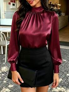 Cévolie Women's Elegant Burgundy Satin Long Sleeve Blouse With Stand Collar, Back Tie And Hollow Out Design, Suitable For Commuting Dinner Cocktail Summer - Burgundy - View 4