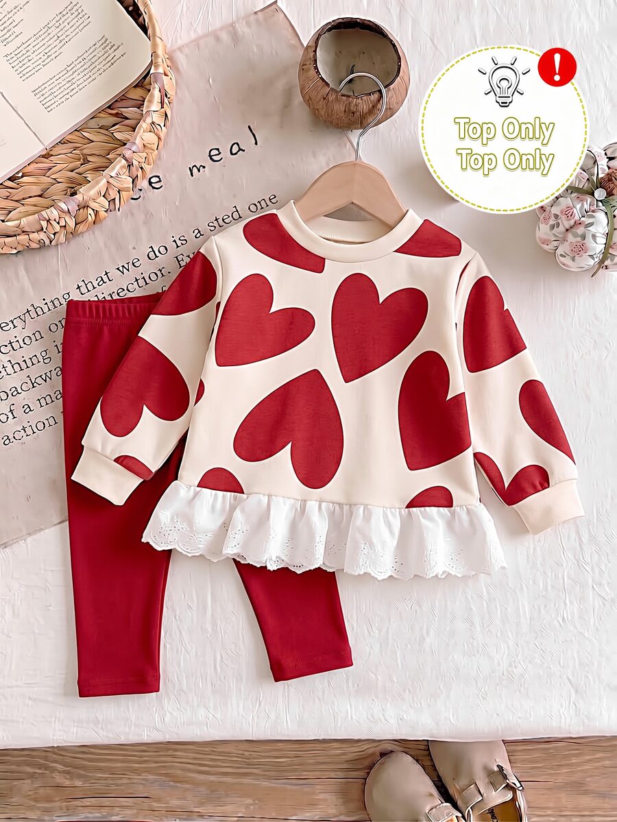 Sweet & Cool Heart Print Baby Girl Top, Red Heart Pattern All-Over Print, Delicate Lace Ruffle Hem, Stylish Round Neck Long Sleeve Sweatshirt For Baby Girls, Suitable For Autumn/Winter Daily Wear - Multicolor - View 1