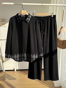 SHEIN EZwear 大尺碼休閒格紋拼接 2 合 1 運動衫與抽繩腰長褲 2 件套 - 黑與白 - 查看 2