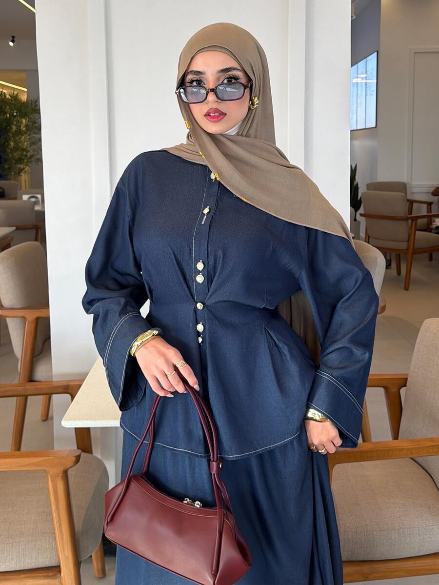 Solavon Setelan Kasual 2 Potong Wanita: Kemeja Lengan Panjang Kancing Tunggal dan Rok Warna Polos - Biru - View 1
