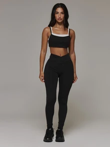 Musera Sport Double Layered Contrast Colour Sport Logo Fitted Sports Bra Coord Top Only Sport Essentials Basics Gym Workout Autumn Fall Winter - Black - View 3