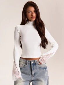 SHEIN BAE Autumn/Winter Solid White Mock Neck Long Sleeve Ribbed Knit Cuff Contrast Lace Women's Top, Practical Base Layer - White - View 1