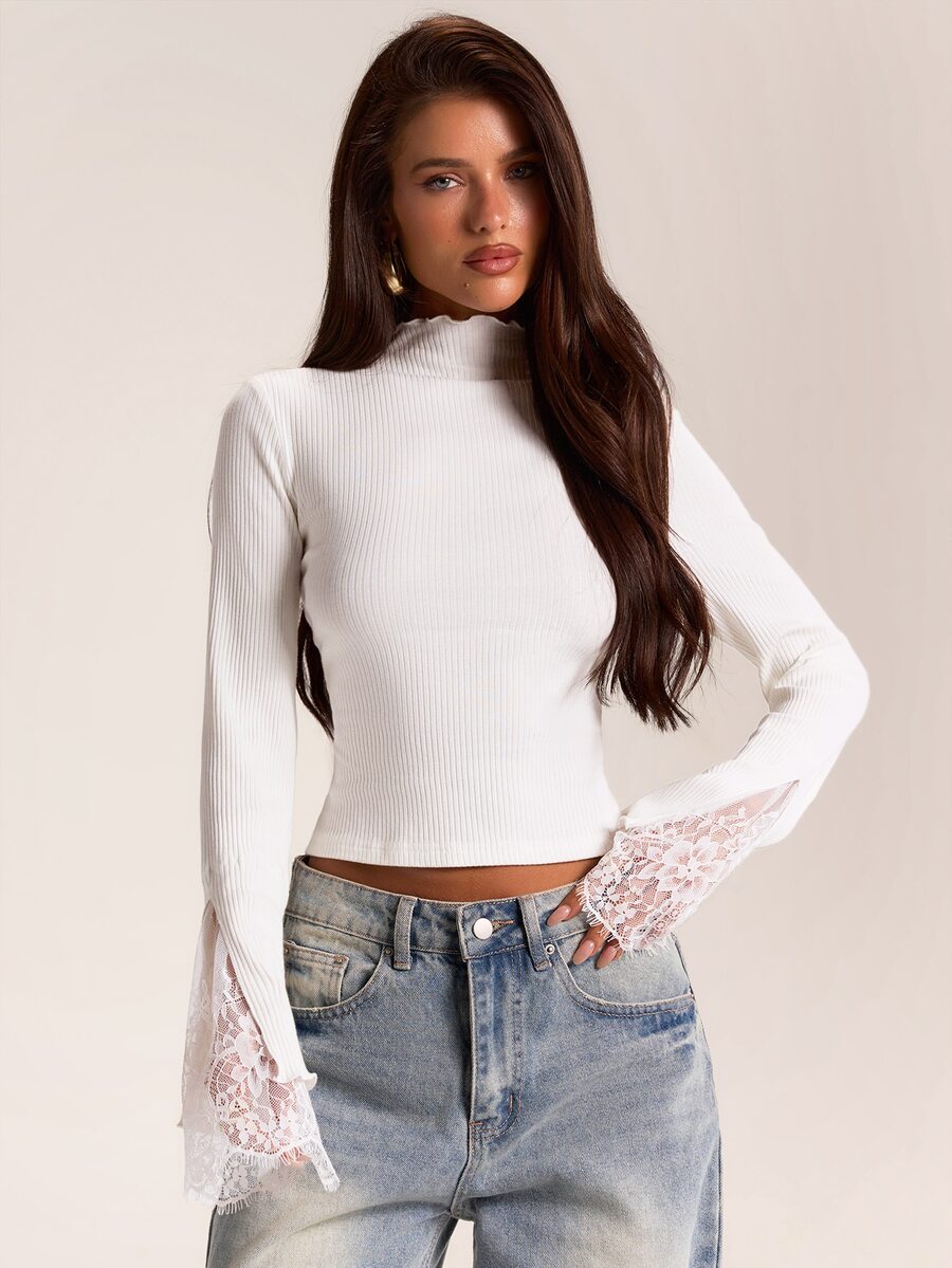 SHEIN BAE Autumn/Winter Solid White Mock Neck Long Sleeve Ribbed Knit Cuff Contrast Lace Women's Top, Practical Base Layer - White - View 1