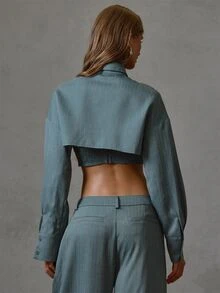 MUSERA Pinstriped Cropped Bandeau Top With Collared Cropped Shirt Fall Winter Everyday Causal Back To School Forces - Army Green - View 4