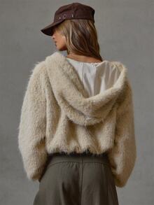 MUSERA Fluffy Faux Fur Fitted Waist Quarter Zip Neck Hoodie Fall Winter Everyday Causal Back To School Forces - Apricot - View 2