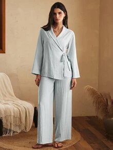 Lullawish Bohemian Comfortable Relaxed Tie-Up Cotton Linen Women's Loungewear Set - Blue - View 6