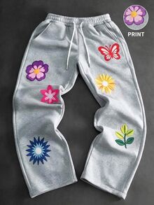 PAVTROS Men's Floral Print Drawstring Waist Casual Sweatpants - Grey - View 3