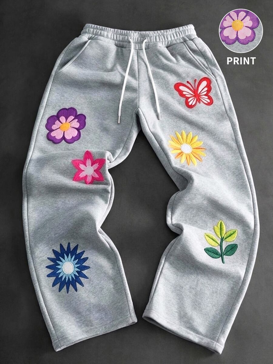 PAVTROS Men's Floral Print Drawstring Waist Casual Sweatpants - Grey - View 1