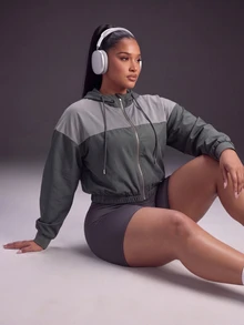 Powerista Women's Plus Size Loose Hooded Long Sleeve Sports Sweatshirt Jacket - Army Green - View 3