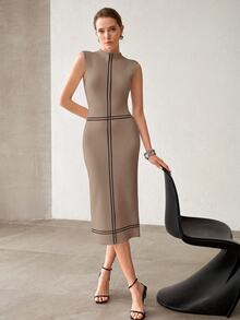 MOTF PREMIUM WOMEN'S STRIPED STAND COLLAR FITTED ELEGANT SLEEVELESS KNIT DRESS - Camel - View 7