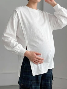 DAZY Solid Color Loose Round Neck Long Sleeve Split Hem Casual Daily Holiday Spring Autumn Top Maternity T-Shirt - White - View 9