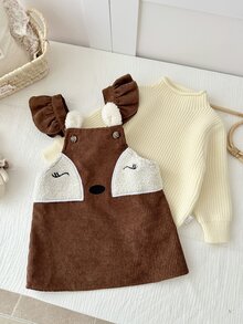 SHEIN Baby Girl Woven Colorblock Cute Deer Embroidery Pattern Corduroy Overall Dress - Multicolor - View 5