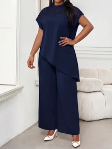 SHEIN Lady Plus Size Women High Neck Short Sleeve Top Office Semi Formal Party Semi Formal Navy Blue Spring Elegant - Navy Blue - View 5