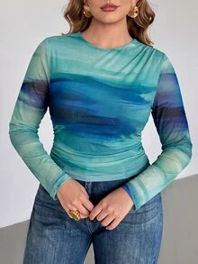 Auralis Round Neck Long Sleeve Tie Dye Pleated Transparent Printed T-Shirt - Multicolor - View 6