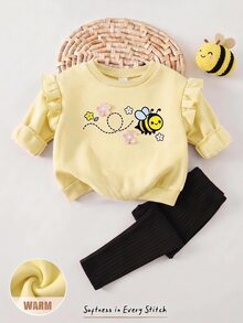 Cozy Pixies 女嬰幼兒女孩卡通動物豹紋貓咪圖案針織軟綿圓領長袖連帽套頭衛衣彈性腰修身長褲兩件套可愛休閒裝，適合外出、假期、派對等多種場合 - 彩色 - 查看 6