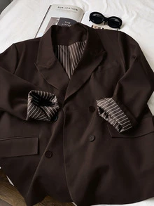 Comfortcana Plus Size Women Solid Color Casual Versatile Commute Travel Blazer Jacket - Chocolate Brown - View 7