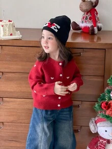 DAZY Infant/Toddler (Girl) Heart Pattern Long Sleeve Cardigan, Korean Style, Autumn/Winter - Red - View 4