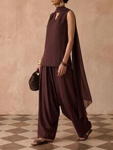 Zivah Women's Solid Color Top And Long Pants Casual Daily Set - Rust Brown - View 3