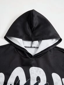 SHEIN 2件組青少年男孩街頭風美式塗鴉卡通圖案連帽衛衣與字母印花運動長褲，舒適面料，適合秋冬、學校、家庭聚會、開學季、生日派對、攝影、度假、假日，運動風舒適易穿 - 黑色 - 查看 6