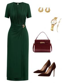 Reflora Plus Size Elegant Metal Decor Pleated Short Sleeve Dress - Dark Green - View 3