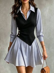 SHEIN فستان نسائي موضة الشارع بأزرار وخطوط بتصميم 2 في 1 - الأزرق - مشاهدة 1