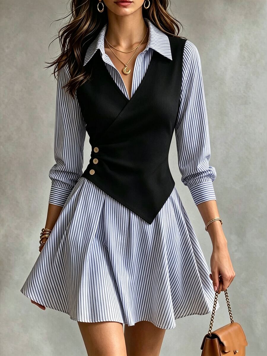 SHEIN فستان نسائي موضة الشارع بأزرار وخطوط بتصميم 2 في 1 - الأزرق - مشاهدة 1