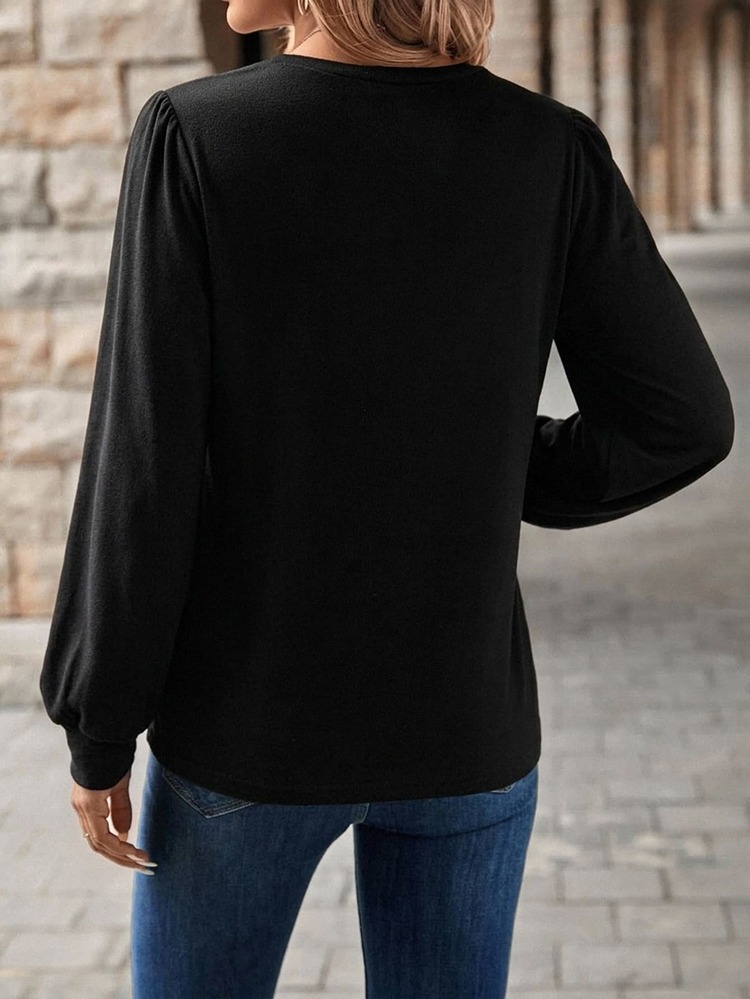 Easowa All-Match Versatile Pure Cotton Solid Color Round Neck Puff Lantern Sleeve Casual Women's Long Sleeve T-Shirt - Black - View 2