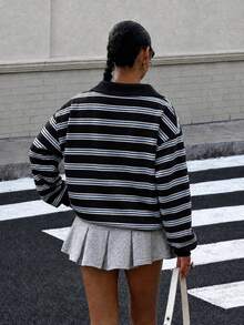 Muchica 女款 Polo 領長袖寬鬆休閒衛衣，厚實面料，適合秋冬穿著 - 黑色 - 查看 2