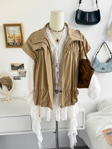 Soleia Autumn/Winter Zipper Pleated Vest Sleeveless Jacket - Beige - View 3