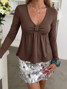 DAZY Women's Solid Color V-Neck Long Sleeve Casual Versatile T-Shirt - Coffee Brown - View 4