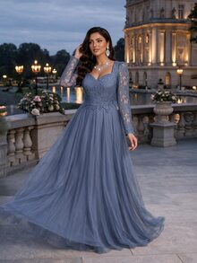 Auveirra Plus Size Women's Contrast Lace Sweetheart Neck Long Sleeve Mesh Hem Elegant Dress - Blue - View 9