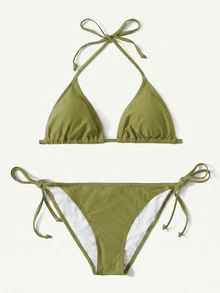 Swim Basics Women's Summer Beach Solid Color Halter Tie Sexy Bikini & Triangle Bottom Two-Piece Swimsuit Set - Olive Green - View 4