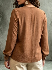 Linhara CURVE Women's Plus Size Faux Linen V-Neck Patchwork Lace Hollow Out Blouse Long Sleeve Loose Brown Shirt Fall - Brown - View 2