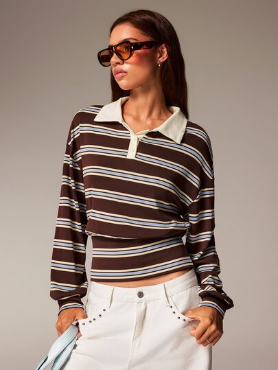 Athîral Atasan Polo Wanita Bergaris Cokelat, Kerah Kontras, Lengan Panjang, Pinggang Ramping, Potongan Longgar, Gaya Preppy Retro 70-an, Musim Gugur, Kembali ke Sekolah, Kasual Kantor