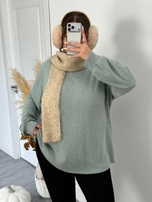 SHEIN CURVE+ Women Plus Size T-Shirt 22W, Autumn/Winter Solid Color Ribbed Comfortable Crew Neck Long Sleeve Casual T-Shirt - Green - View 8