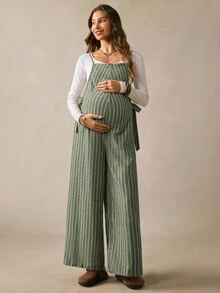 Boho Mama 孕婦時尚寬鬆連身褲，直條紋圖案 - 綠色 - 查看 9