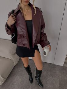 SHEIN CURVE+ Plus Size Double Breasted Lapel Pocket Long Sleeve Cropped PU Jacket Winter - Rust Brown - View 6