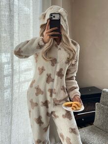 CovetEZ Women's Cartoon Pattern Casual Daily Wear Jumpsuit Long Pants - Beige - View 3