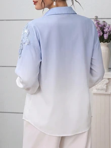 Modelyn Women's Autumn/Winter Gradient Color Collared Long Sleeve Blouse With Heavy Beaded Floral Embroidery, Loose Fit, Dropped Shoulder Lantern Sleeves - Multicolor - View 2
