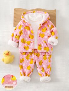 SHEIN Setelan Baju Terusan dan Celana Motif Bebek untuk Bayi Perempuan, Terdiri dari Kaos Hoodie dan Celana Panjang dengan Resleting Depan - Berwarna merah muda - View 11
