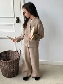 DAZY Tween Girls Stand Collar Casual Long Sleeve Autumn/Winter Sweater Top + Straight Leg Knitted Pants 2 Pieces Sweater Set - Apricot - View 6