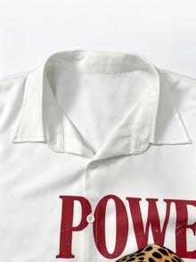 Resyla Men Men's Solid Color Turn Collar Letter & Tiger Print Short Sleeve Shirt - White - View 4