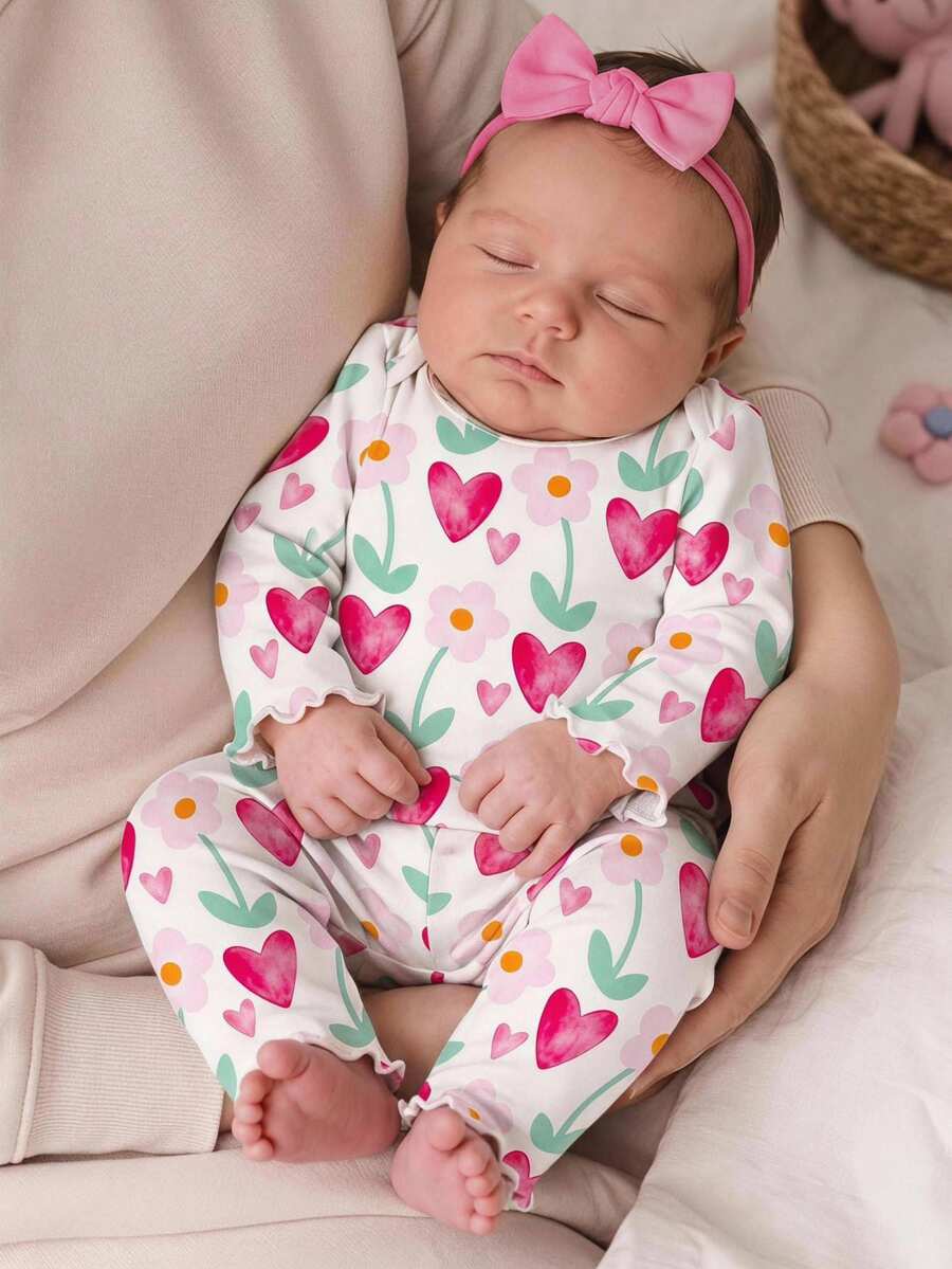 Newborn Baby Girl Cute Cartoon Floral Pattern Long Sleeve Loungewear Set Autumn Going Home Family White And Red Matching - Multicolor - View 1