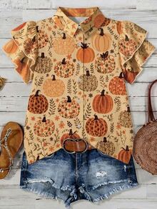 Mellowie Plus Size Women's Pumpkin Plant Pattern Ruffle Short Sleeve Single-Breasted Shirt - Multicolor - View 1